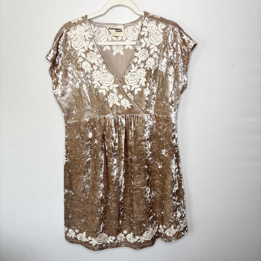 Savanna Jane Champagne Crushed Velvet Floral Embroidered‎ Tunic Dress Size L - Picture 8 of 8